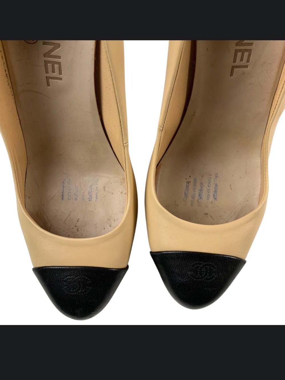 CHANEL Beige Leather Pumps with Black Cap Toes - Picture 11 of 17